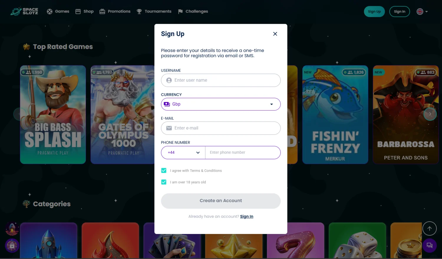 Space Slotz Casino Sign Up and Login