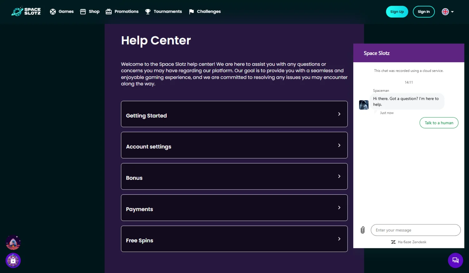 Space Slotz Casino Customer Support